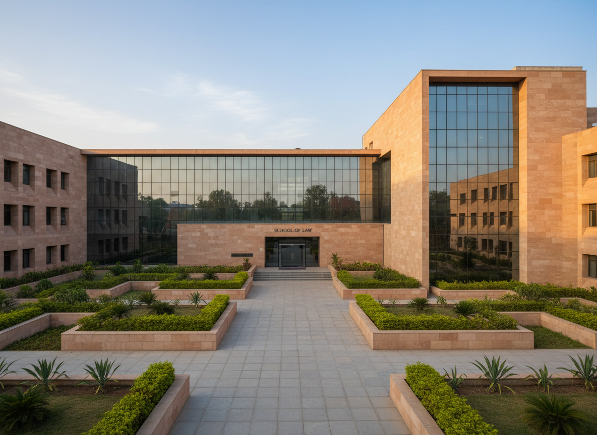 A wide, exterior view of a contemporary law school building in Noida Sector 63, with a clean, glass-and-sandstone façade, sharp linear architecture, and a subtle engraved sign reading “School of Law” near the main entrance. The structure sits within a neatly landscaped campus courtyard featuring trimmed hedges, low stone planters, and a paved walkway leading toward the doors. Late afternoon natural light bathes the façade in a warm, professional glow, creating soft shadows that emphasize geometric lines. Photographed in photographic realism from a slightly elevated angle with sharp focus throughout, the scene feels organized, aspirational, and institutional, ideal for showcasing a premier legal education destination.