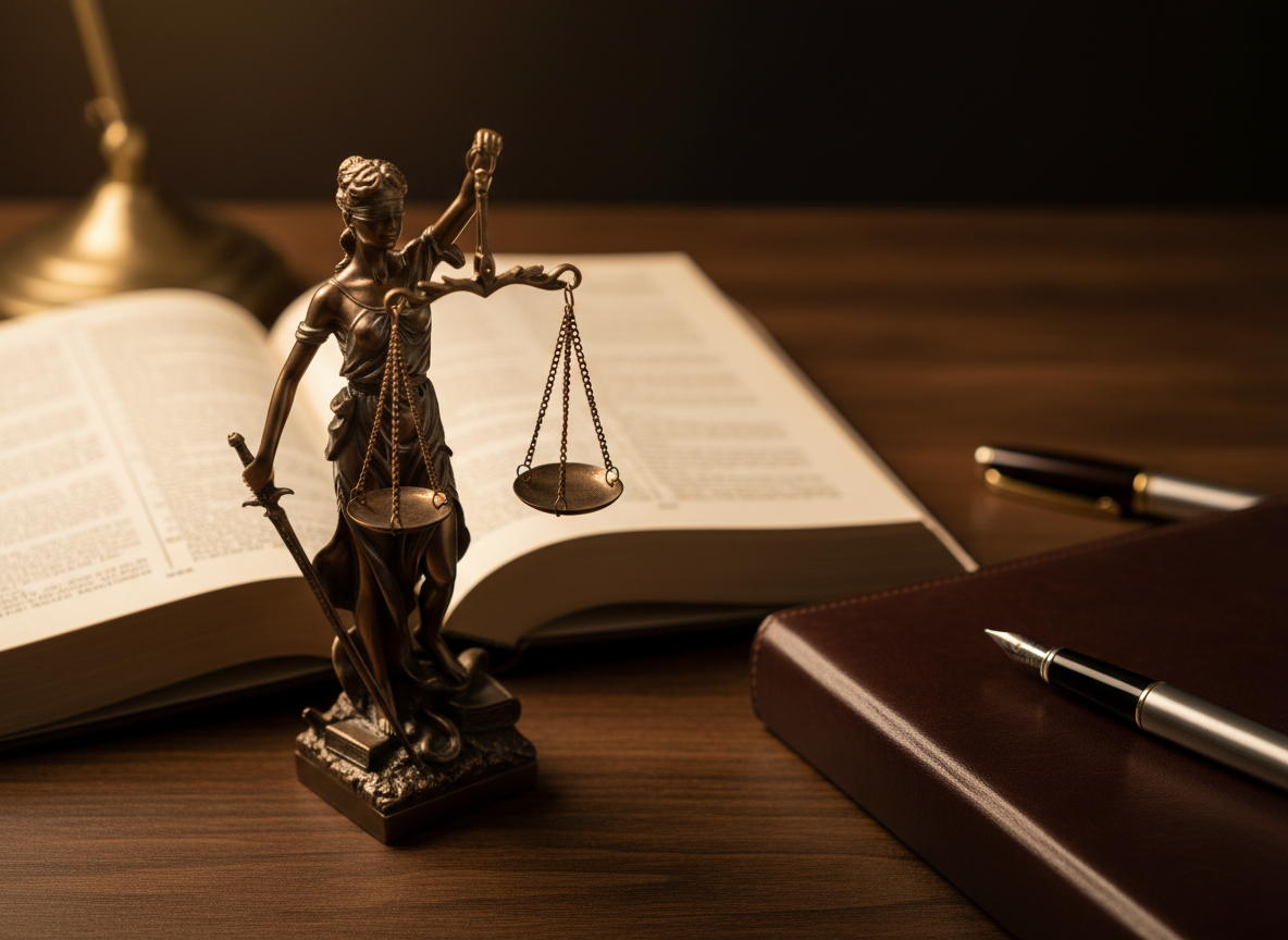 An elegant close-up of a bronze scales-of-justice statue, its polished surfaces catching delicate highlights, standing atop a thick, open law report with thin, slightly yellowed pages densely filled with fine text. The statue and book rest on a textured dark oak desk where a neatly arranged leather-bound case file and a metallic fountain pen lie in soft focus. Warm, directional desk-lamp lighting from the left casts refined shadows and emphasizes the contours of the metal. Shot in photographic realism with a shallow depth of field and rule-of-thirds composition, the atmosphere feels disciplined, scholarly, and distinctly professional, fitting for a law school’s academic branding.