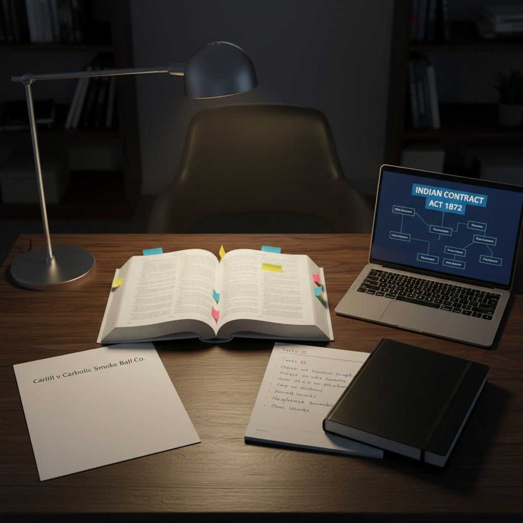 A detailed top-down view of a study desk prepared for law exam revision: an open constitutional law book with color-coded sticky tabs, a neatly printed case brief on crisp white paper, a sleek silver laptop displaying a stylized digital outline of “Indian Contract Act,” and a hardbound notebook with precise handwritten headings. A simple desk lamp casts focused, warm light across the workspace, leaving the background softly darkened for contrast. The wooden desk surface shows subtle grain patterns that add texture. Captured in photographic realism with sharp focus and a balanced, organized composition, the mood is disciplined, methodical, and academically rigorous, representing the everyday reality of serious law students.