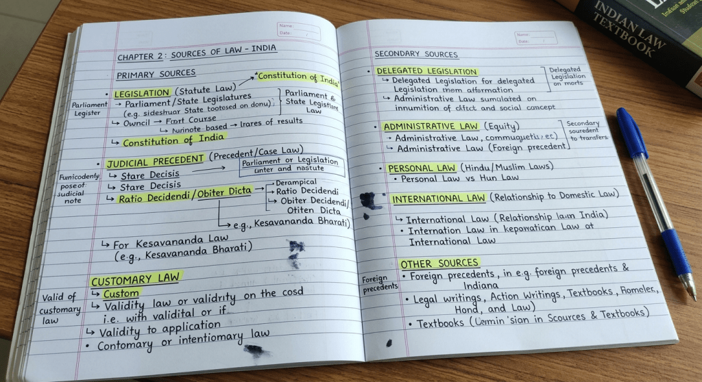 Handwritten notes detailing primary and secondary sources of Indian law, including legislation, judicial precedent, customary law, delegated legislation, administrative law, personal law, and international law