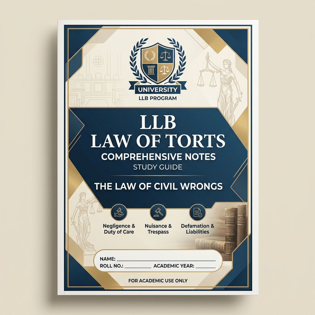 LLB Law of Torts comprehensive notes study guide cover with legal symbols and academic fields