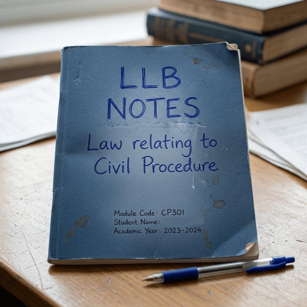 Blue notebook labeled LLB Notes Law relating to Civil Procedure with module code CP301 and academic year 2023-2024 on wooden desk with pen