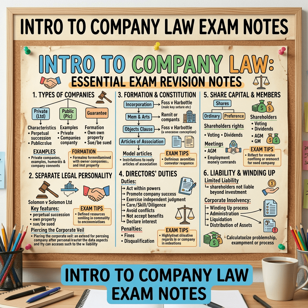 Poster with essential company law exam notes on types of companies, legal personality, formation, directors' duties, share capital, and liability