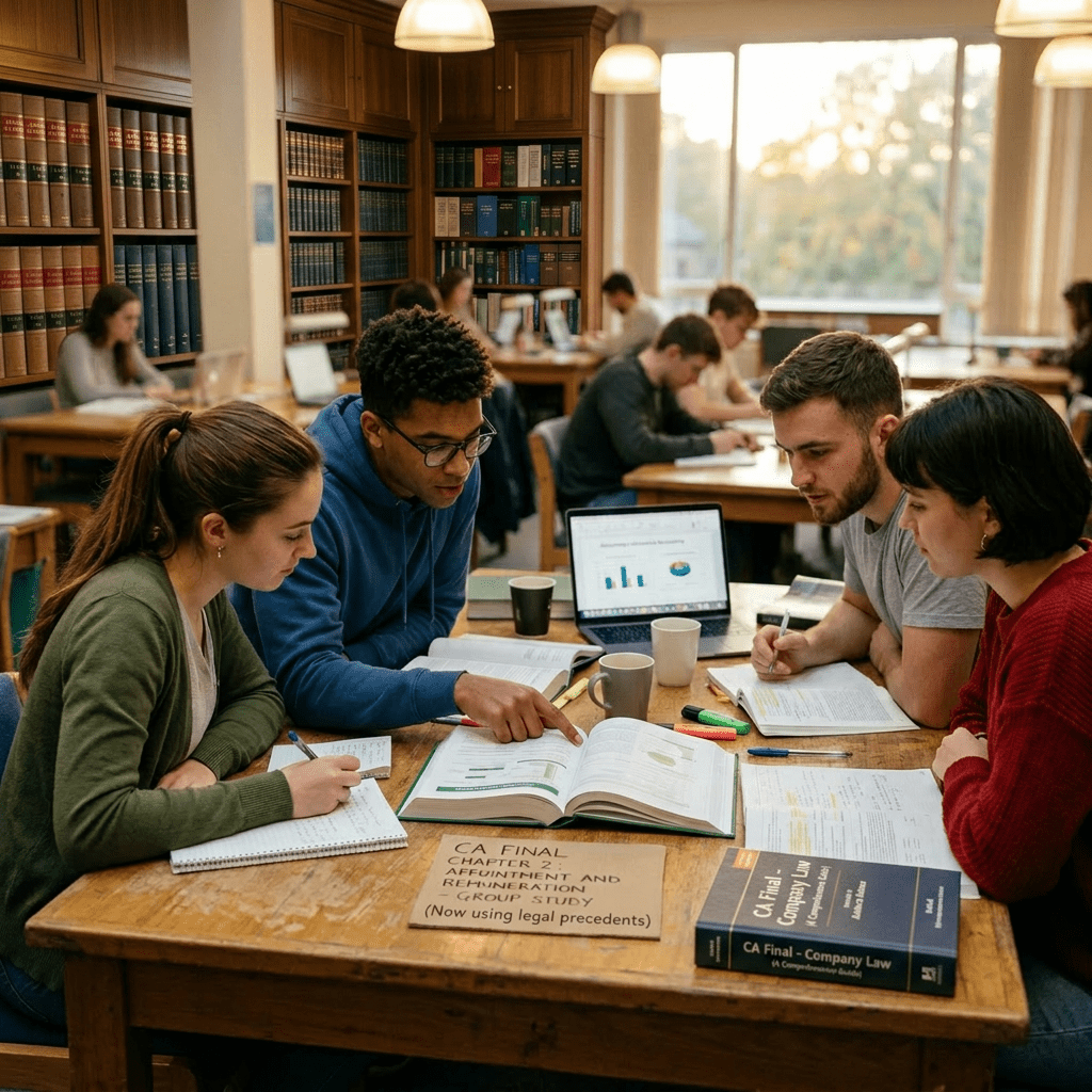 Four students in a library studying together with textbooks, notebooks, and a laptop.