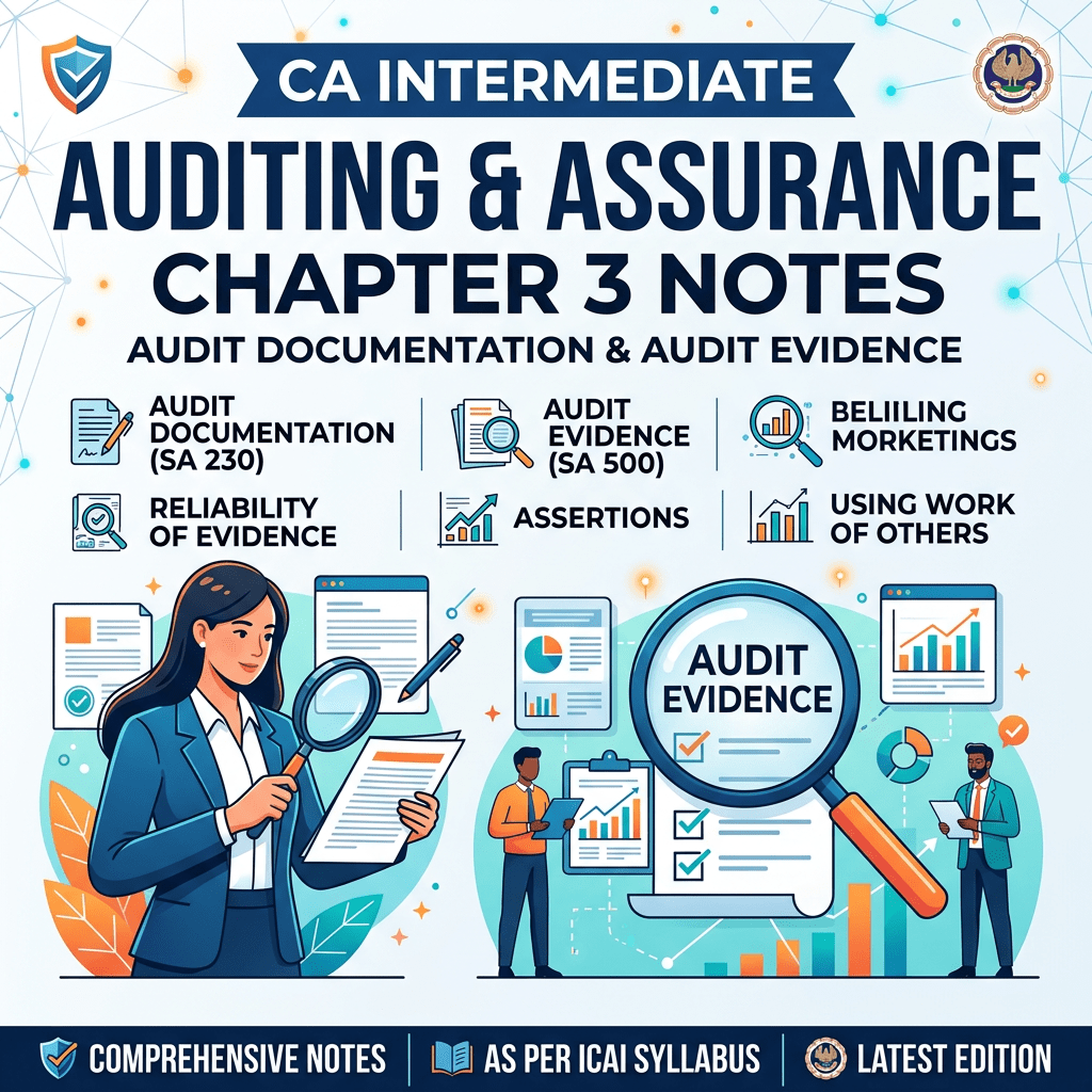 CA Intermediate Auditing Chapter 3 notes on audit documentation and audit evidence with illustrations of people examining documents and charts.