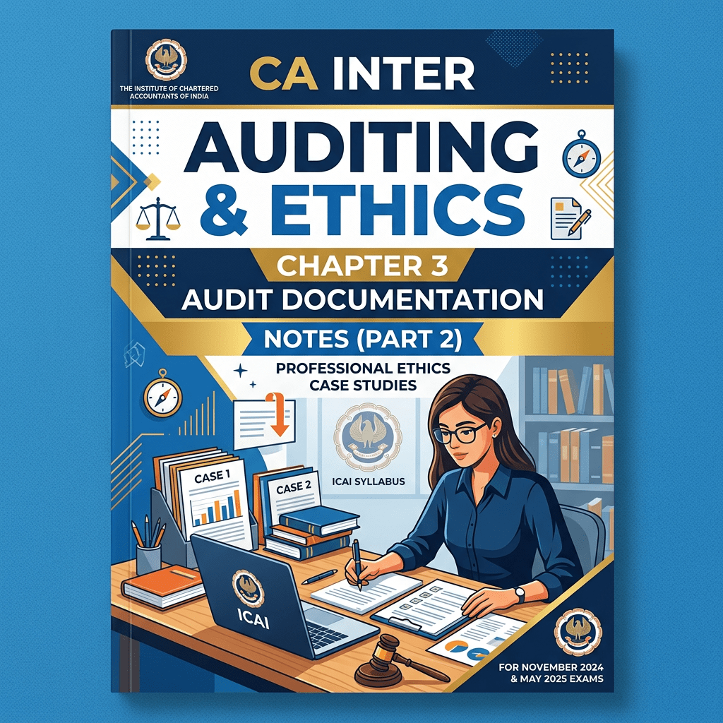 Cover page of CA Inter Auditing & Ethics Chapter 3 Audit Documentation notes with an illustration of a woman studying, ICAI logos, and books.