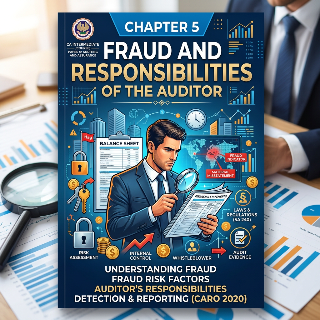 Illustration of an auditor examining financial statements with icons for fraud risk, balance sheet, internal control, and legal regulations