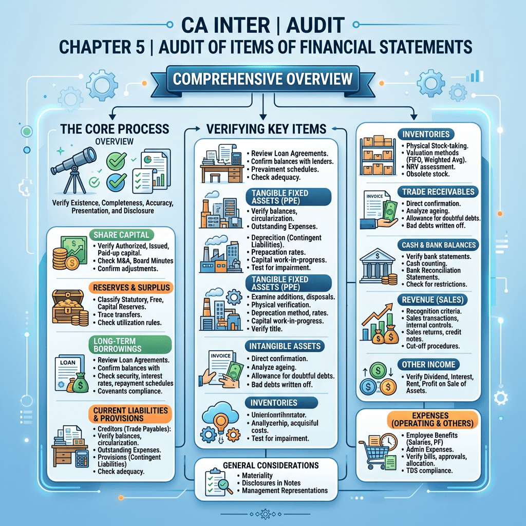 Overview of audit procedures for financial statement items including share capital, reserves, borrowings, liabilities, assets, inventories, receivables, cash balances, revenue, income, and expenses