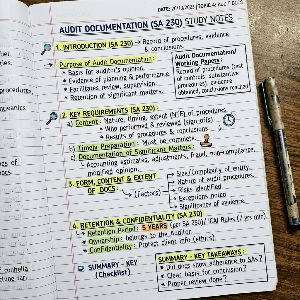 Handwritten study notes on audit documentation SA 230 with highlighted key points and annotations